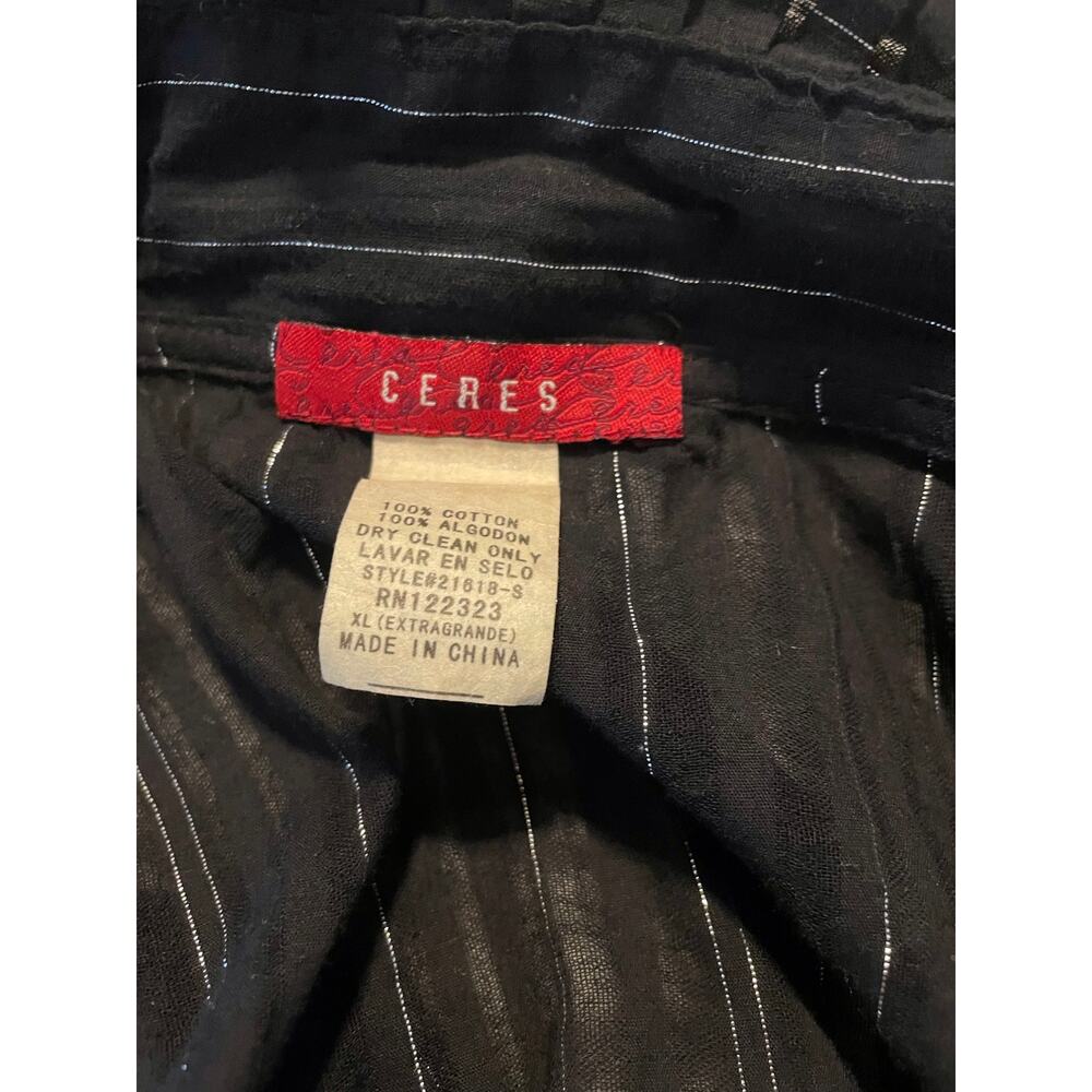 Ceres Black Sheer Wrap Blouse Medium Gold Metallic Stripe Ruffle Collar - Picture 5 of 5